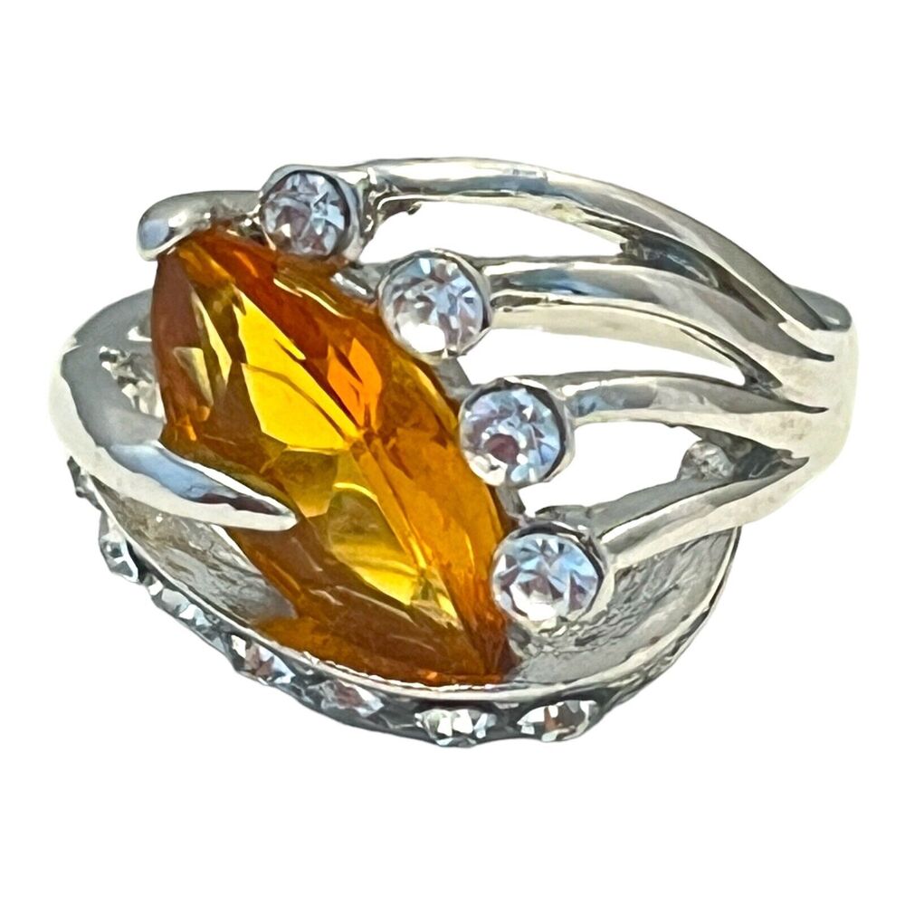 Vintage 1980s Rhinestone Ring Size 8 Orange Marquise Cocktail - 5C